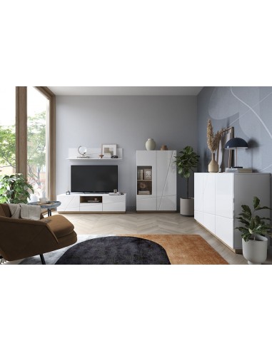 Ensemble de meubles de salon en bois et verre, 4 pièces, Futura, Blanc / Chêne Riviera en linge