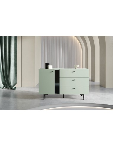 Commode en bois clair avec 1 porte et 3 tiroirs, Coloris Small CS 04, Vert Menthe / Noir, l138xL41xH84 cm pour bénéficier 