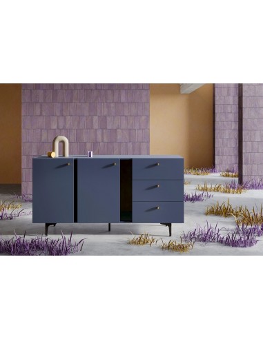 Commode en bois clair à 2 portes et 3 tiroirs, Coloris Medium CS 02, Bleu Marine Mat / Noir, L160xl41xH84 cm du meilleur 