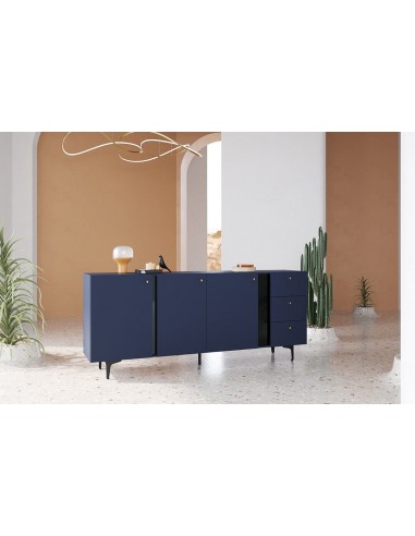 Commode en bois clair à 3 portes et 3 tiroirs, Coloris Large CS 03, Bleu Marine Mat / Noir, L200xL41xH84 cm destockage