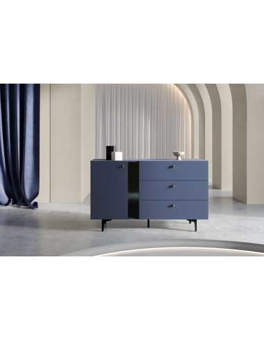 Commode en bois clair avec 1 porte et 3 tiroirs, Coloris Small CS 04, Bleu marine mat / Noir, L138xl41xH84 cm pas cher