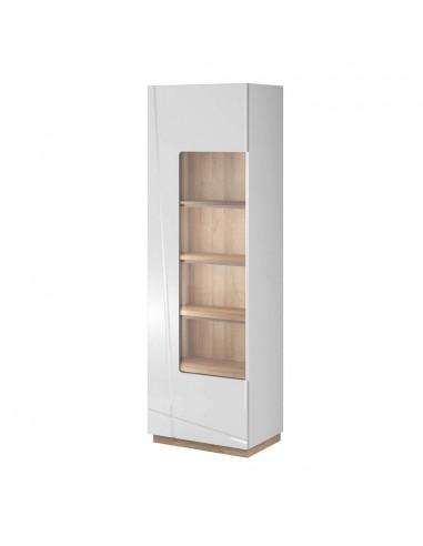 Vitrine en bois, avec 1 porte et LED incluses, Futura 02 Small, Blanc / Chêne Riviera, L60xL41xH191 cm pour bénéficier 