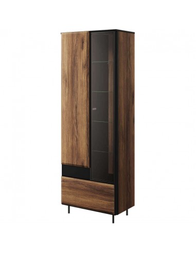 Vitrine en bois, avec 2 portes et 1 tiroir, Borga 02 Small, Chêne Catane / Noir, L70xW41xH197 cm rembourrage situé sous